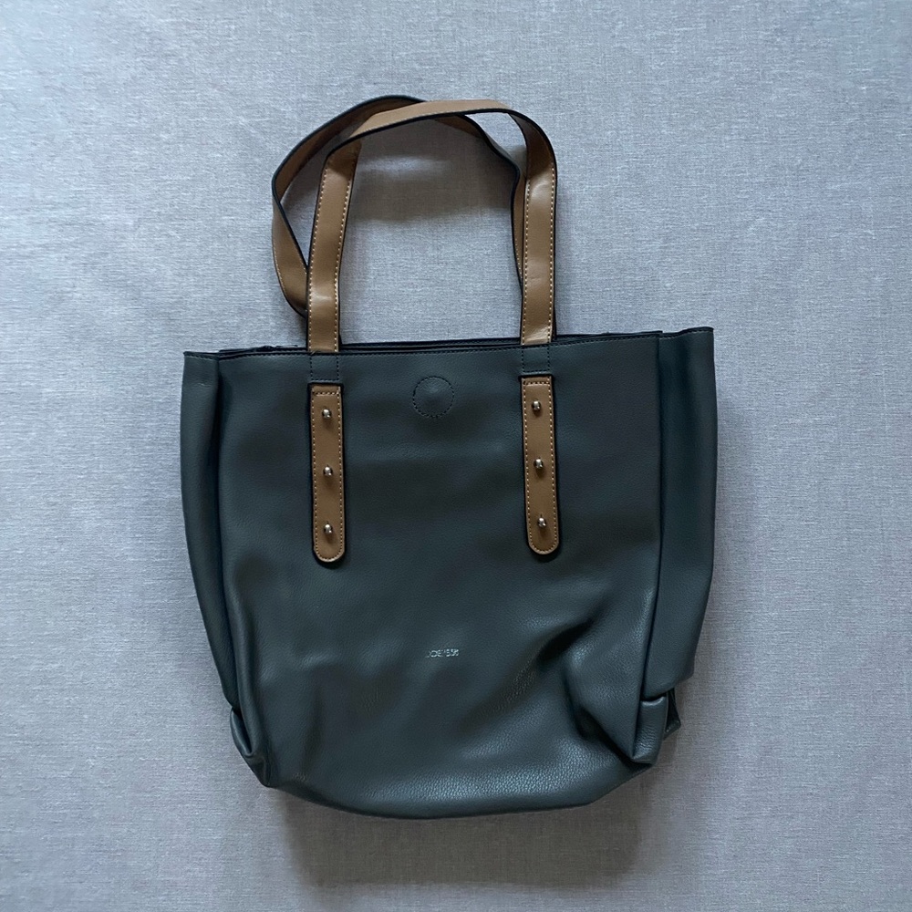 Joe’s vegan leather grey & brown roomy luxury work academia purse.